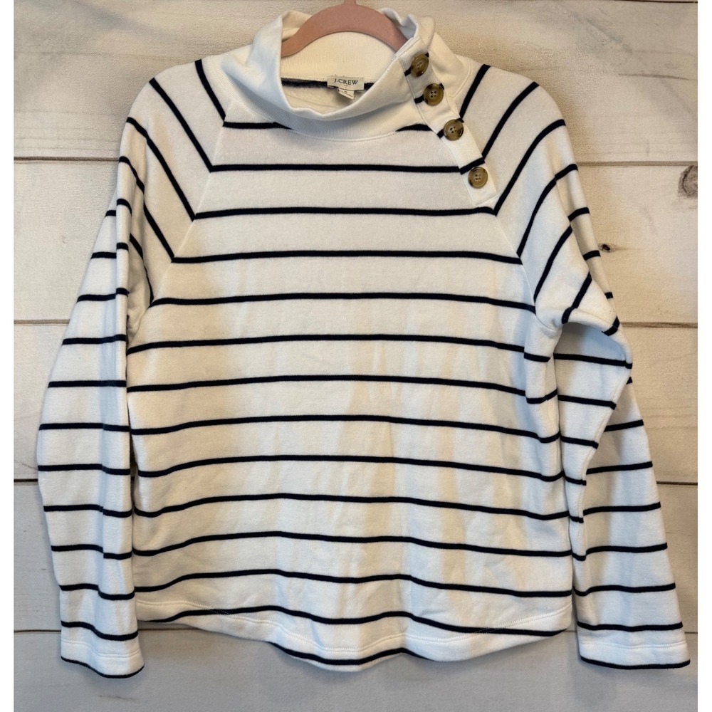 J.Crew Womens Striped Button Collar Fleece Sweatshirt White Navy Blue Small